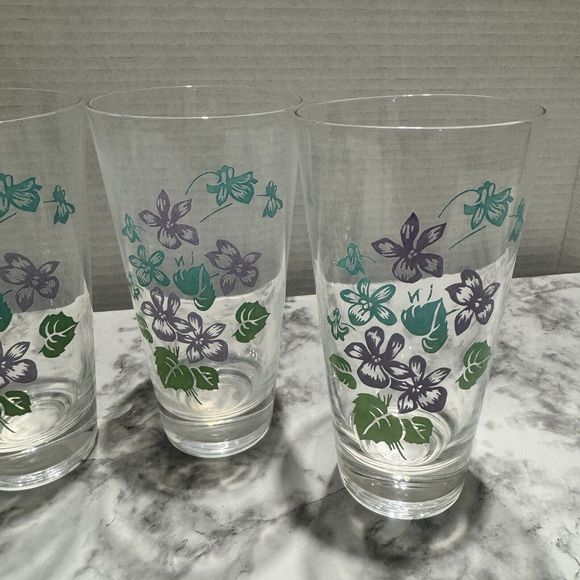 Vintage Violet Print 12oz Drinking Glass/Tumbler, Set Of 6, Lavender/Teal/Green - Picture 3 of 5